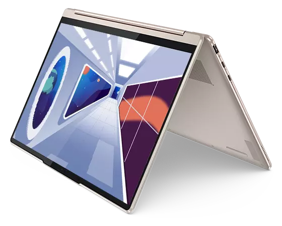 Right-side-facing Yoga 9i Gen 8 2-in-1 laptop, Oatmeal color, opened in tent mode, showing display with animated space ship corridor and a Lenovo Precision Pen 2 stylus (included)