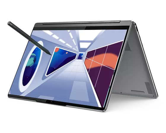 Right-side-facing Yoga 9i Gen 8 2-in-1 laptop, Storm Grey color, opened in tent mode, showing display with animated space ship corridor and a Lenovo Precision Pen 2 stylus (included)