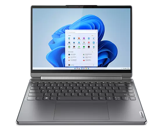 Vue avant du portable Yoga 9i Gen 8 2 en 1, couleur Storm Grey, ouvert en mode portable, montrant l’affichage avec la fleur de Windows 11 et des applications
