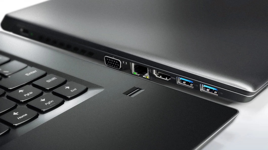 Lenovo V310 left side ports and fingerprint reader detail views