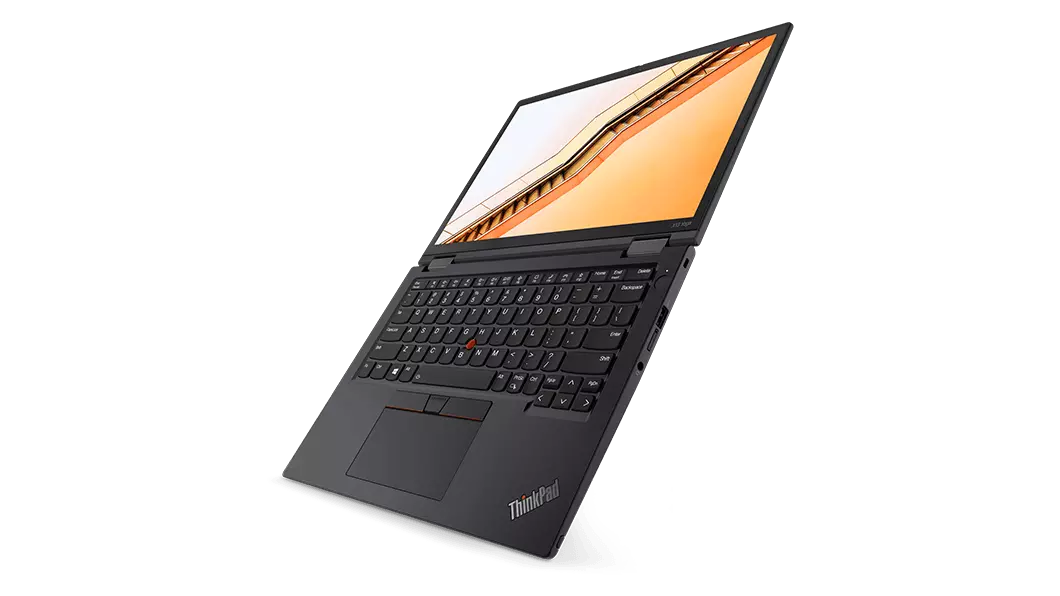 ThinkPad X13 Yoga Gen (13, Intel) laptop – ¾ front/right view in laptop mode, with cover open flat