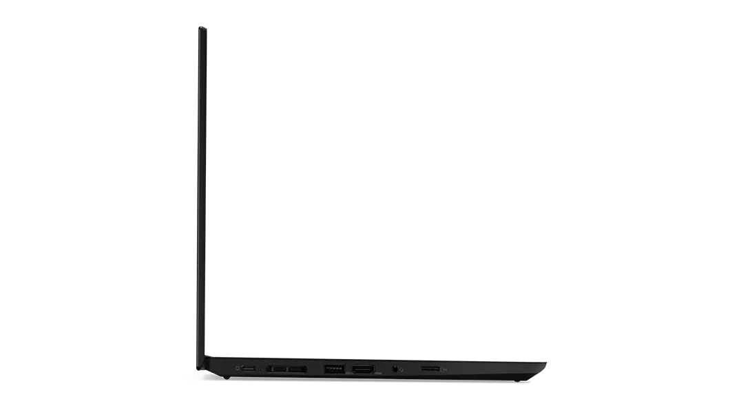 Left-side profile of Lenovo ThinkPad T14 Gen 2 (14, AMD) laptop open 90 degrees.