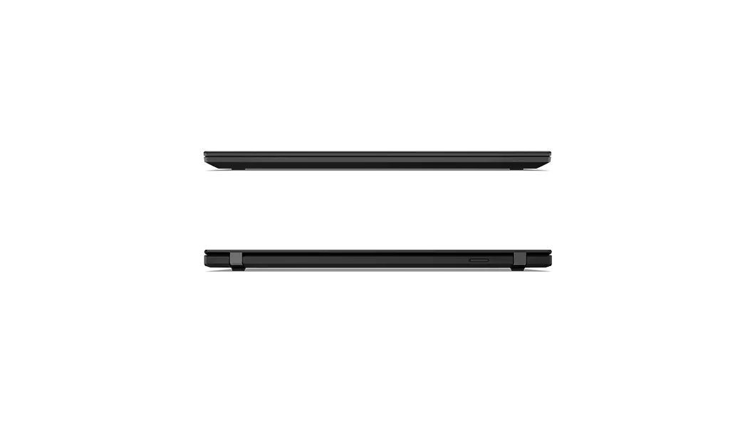 Two Black Lenovo ThinkPad T14s Gen 2 laptops closed, showing front and rear profiles.