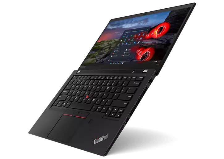 A ThinkPad T495 business laptop balanced at a 45-degree angle, revealing both the screen & keyboard