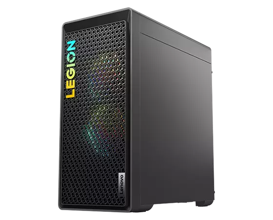 Vue du coin avant droit de la tour de gaming Lenovo Legion 5 Gen 8 (AMD), en contre-plongée, révélant le panneau avant aéré par un maillage et le logo Legion éclairé.