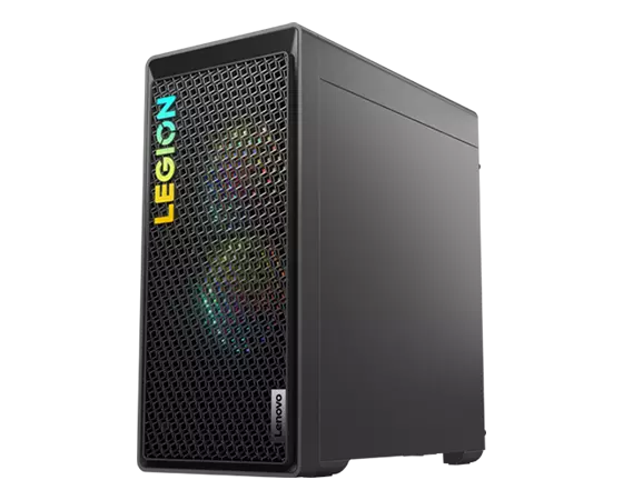 Front-right corner view of the Legion Tower 5i Gen 8 (Intel), viewed from low angle and revealing the mesh-vented front bezel and interior RGB lighting.