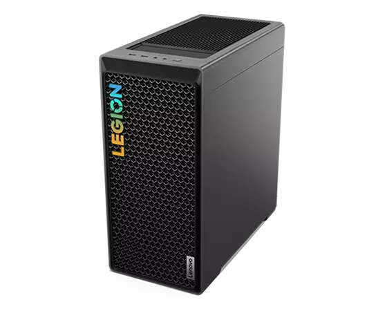 High-angle, front-right corner view of the Legion Tower 5i Gen 8 (Intel) gaming PC, showing the top-facing ports, mesh vented front bezel, and impressive Legion logo.