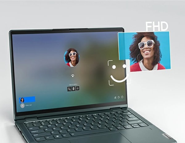 Portable Yoga 6 Gen 8 avec l’écran allumé, montrant la webcam Full HD