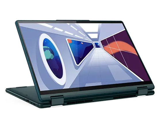 Yoga 6 Gen 8-laptop in presentatiestand met ingeschakeld scherm