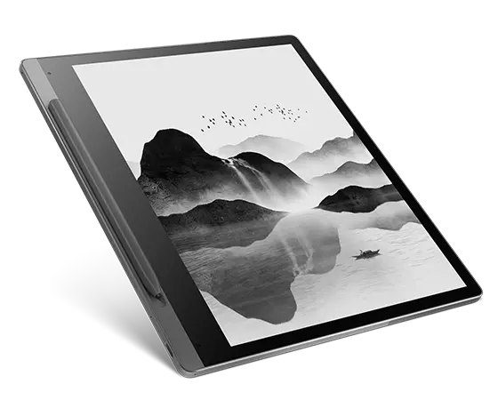 Side-facing Lenovo Smart Paper & Lenovo Smart Pen, with 10.3" E-Ink screen showing a drawing of mountains & lake