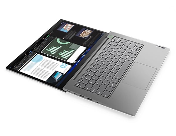 Lenovo ThinkBook 14 Gen 5 laptop open 180 degrees, laying flat.