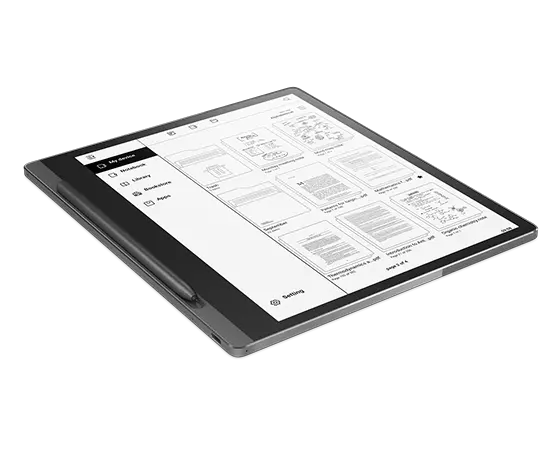 Side-facing Lenovo Smart Paper & Lenovo Smart Pen, with 10.3" E-Ink screen lists of pdf documents stored on device