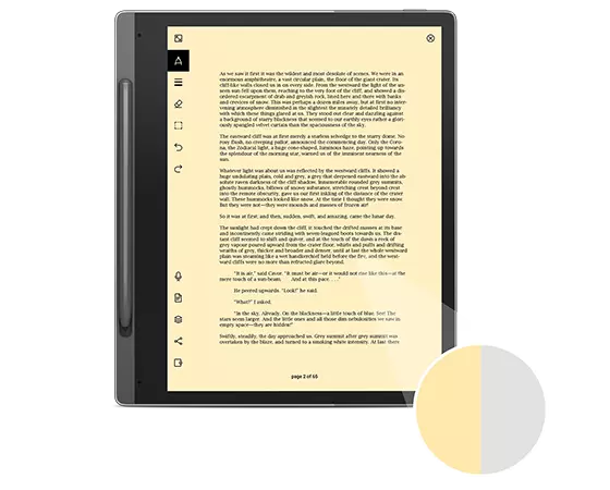 Front-facing Lenovo Smart Paper, with Lenovo Smart Pen, with 10.3" E-Ink screen showing page of an e-book, with screen color adjusted