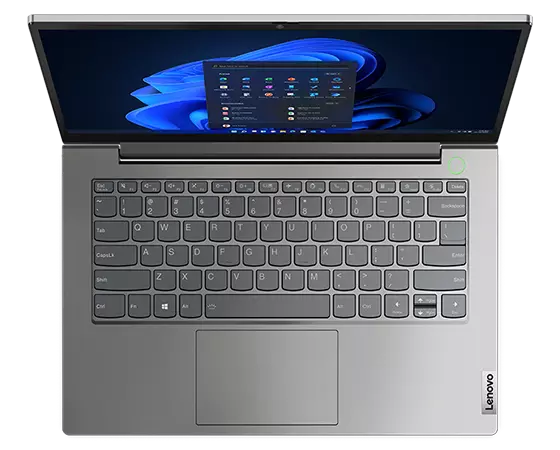 Overhead shot focusing on the keyboard of the Lenovo ThinkBook 14 Gen 5 laptop.