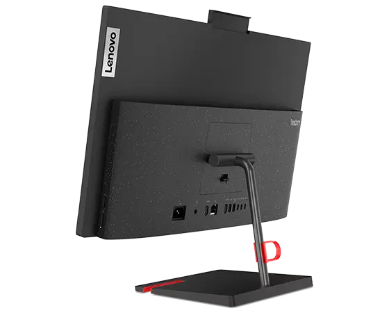 Rear-facing ThinkCentre Neo 50a all-in-one PC at an angle, showing rear cover, monitor stand, smart cable clip, & ports.
