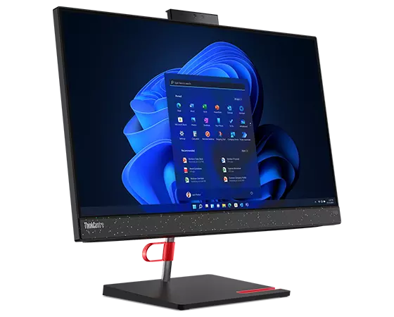 Side-facing ThinkCentre Neo 50a all-in-one PC, showing display with Windows 11 start-up, monitor stand, & smart cable clip. 
