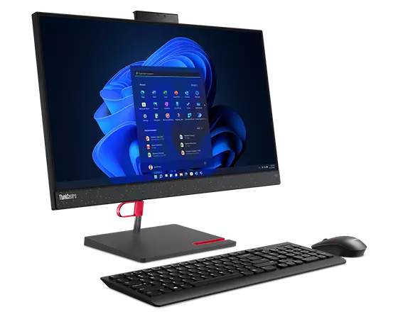 Side-facing ThinkCentre Neo 50a all-in-one PC, showing display with Windows 11 start-up, monitor stand, & smart cable clip. Plus wireless mouse & keyboard.