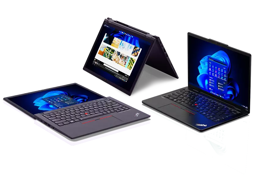 Trois portables Lenovo ThinkPad Série X, l’un ouvert en mode portable, le second en mode tente, et le troisième ouvert à 180 degrés.
