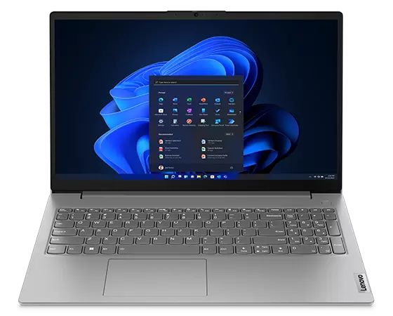 Vooraanzicht van de Lenovo V15 Gen 4 15''-laptop in Arctic Grey, met toetsenbord en 15''-beeldscherm met Windows 11 Pro.