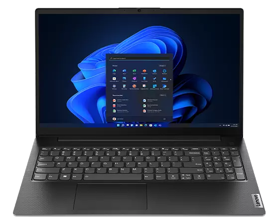Vooraanzicht van de Lenovo V15 Gen 4-laptop in Basic Black, met een 15''-beeldscherm met Windows 11 Pro.