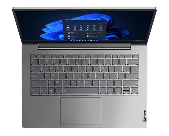 Overhead shot of the Lenovo ThinkBook 14 Gen 5 (14ʺ AMD) laptop with emphasis on keyboard.