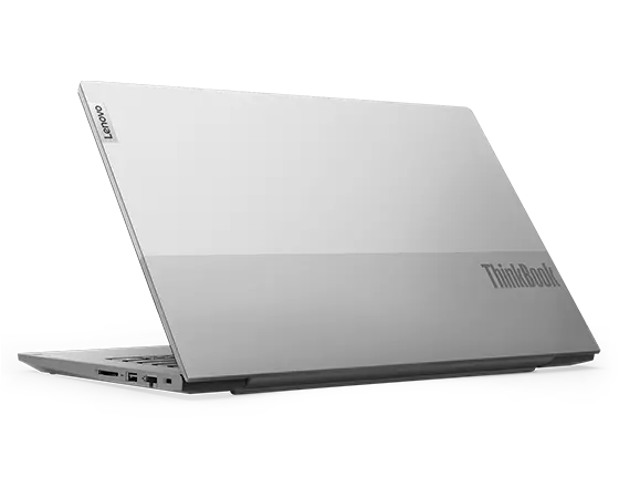 Rear-view Lenovo ThinkBook 14 Gen 5 (14ʺ AMD) laptop with dual-tone cover partially open.