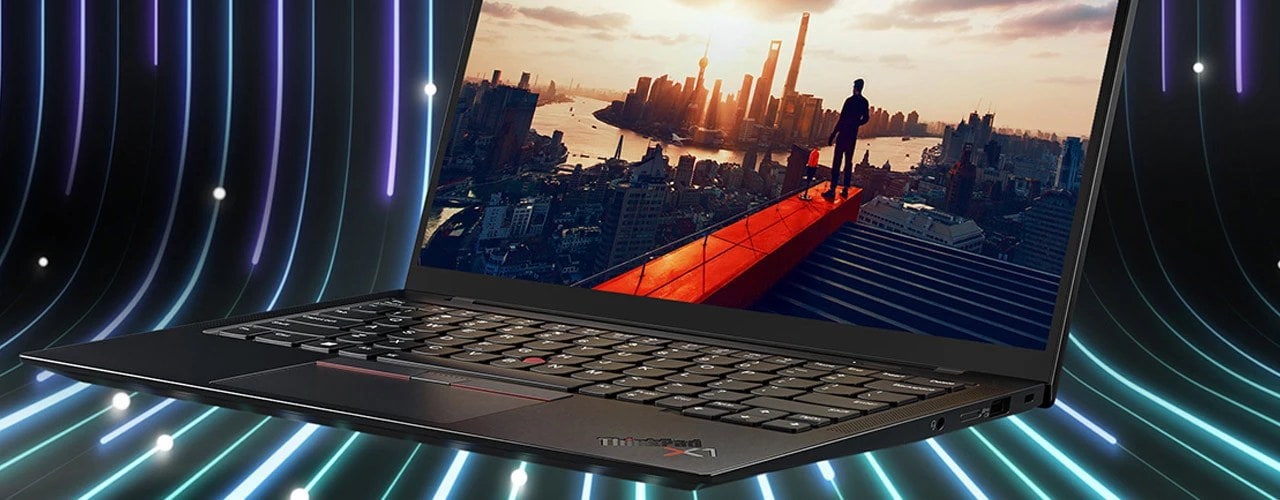 Floating Lenovo ThinkPad X1 Carbon Gen 11 laptop open 90 degrees with urban landscape on the display & swirling lines surrounding the device. 