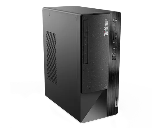 The front and left sides of the ThinkCentre Neo 50t Gen 4 (Intel) business tower, viewed at eye-level