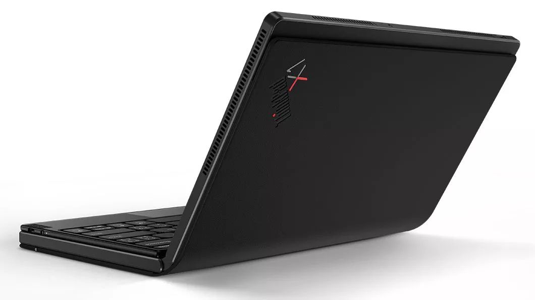 Vista trasera de tres cuartos del lateral izquierdo del Lenovo ThinkPad X1 Fold abierto a 90 grados