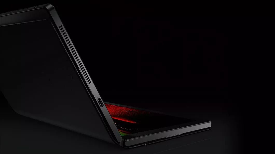 Highlighted right side view of Lenovo ThinkPad X1 Fold open 90 degrees