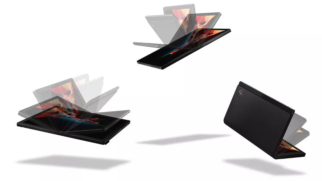 Tres portátiles Lenovo ThinkPad X1 Fold mostrando la apertura y el cierre de la tablet plegable a diferentes grados