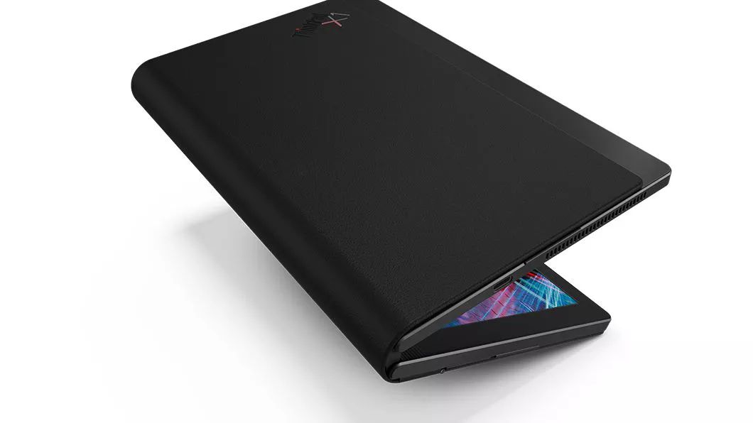 Bageste højre tre fjerdedele af Lenovo ThinkPad X1 Fold, let åbnet for at vise skærm
