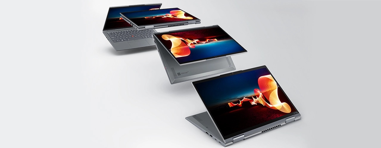 Vier Lenovo ThinkPad X1 Yoga Gen 8 2-in-1-Notebooks in jeweils einem der Nutzungsmodi: Laptop, Tablet, Tent und Stand.