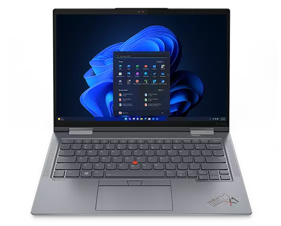Vue aérienne du portable Lenovo ThinkPad X1 Yoga Gen 8 2 en 1 ouvert à 90 degrés, présentant Windows 11 Pro sur l’écran avec clavier TrackPoint.