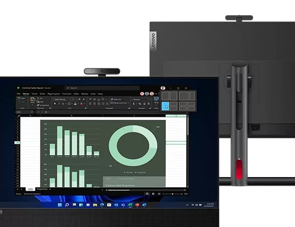 Front facing view of ThinkCentre M90a Gen 3 AIO’s display, with rear view of ThinkCentre M90a Gen 3 AIO in background