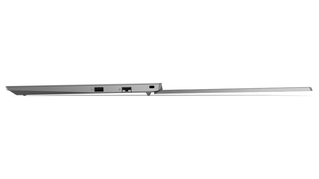 Left side view of Lenovo ThinkPad E15 Gen 4 (15, AMD) laptop, opened 180 degrees, laid flat, showing display and keyboard edges, and ports