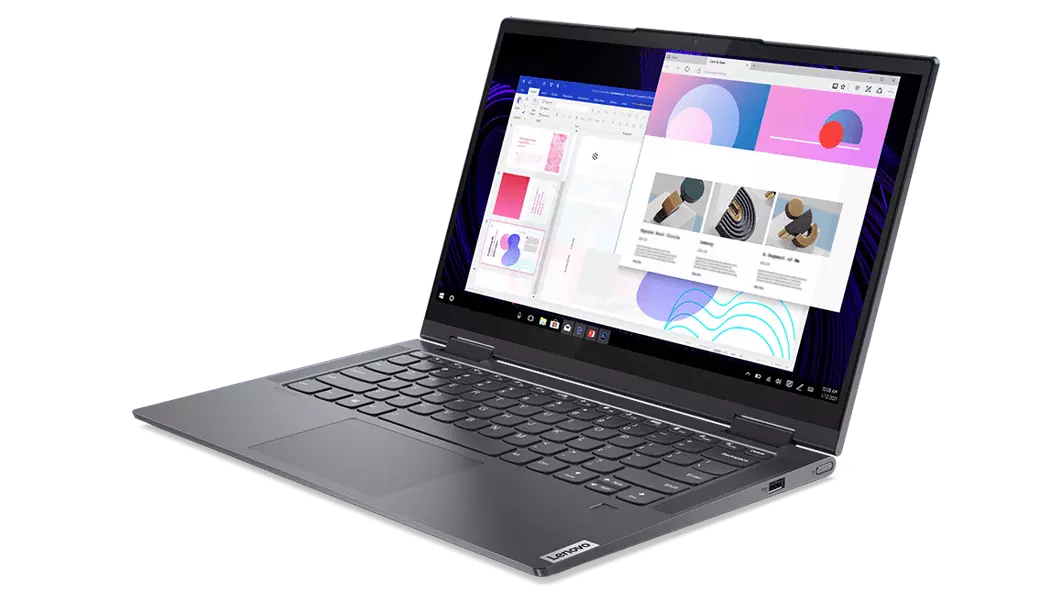 Lenovo Yoga 7 (14, AMD), side view showing FHD display and full keyboard.