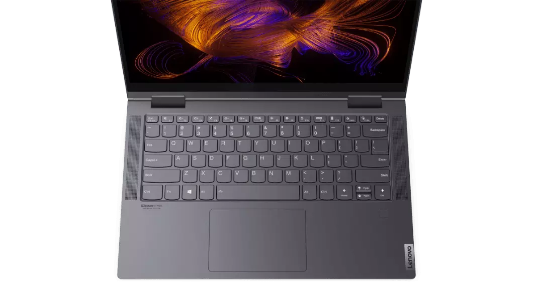 Lenovo Yoga 7 (14, AMD), view from above, showing FHD keyboard and trackpad.