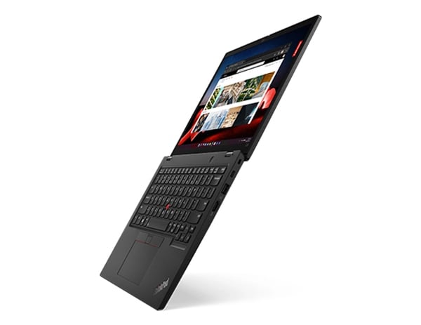 Lenovo Thinkpad L13 Gen4 Front Facing open 180 degrees, angled to show keyboard, display, & right-side ports.