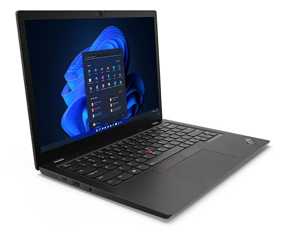 Lenovo Thinkpad L13 Gen4 in laptop mode, open 90 degrees, angled to show left-profile ports