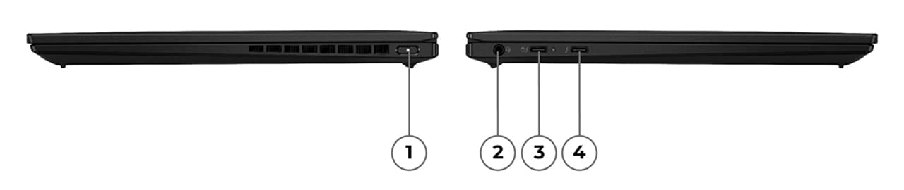 Two Lenovo ThinkPad E16 (16″ Intel) laptops – right and left side views, lids open, back to back, with ports and slots numbered for identification