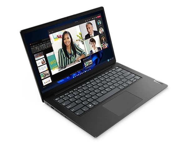 Máy tính xách tay Lenovo V14 Gen 4 (Intel) hướng phải mở gần 90° để lộ màn hình và bàn phím