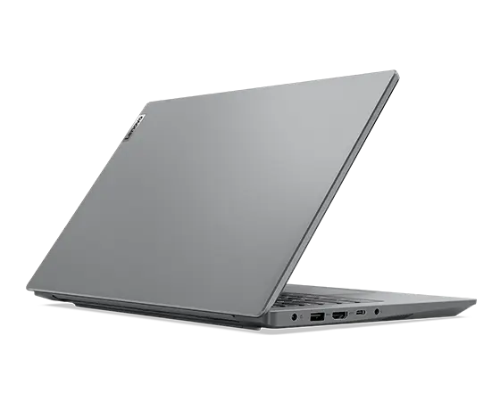 A partially opened Arctic Grey Lenovo V14 Gen 4 (Intel) laptop, seen at eye-level from the left-rear corner.