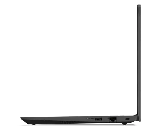 Eye-level, right-side profile view of a Business Black Lenovo V14 Gen 4 (Intel) laptop open 90°