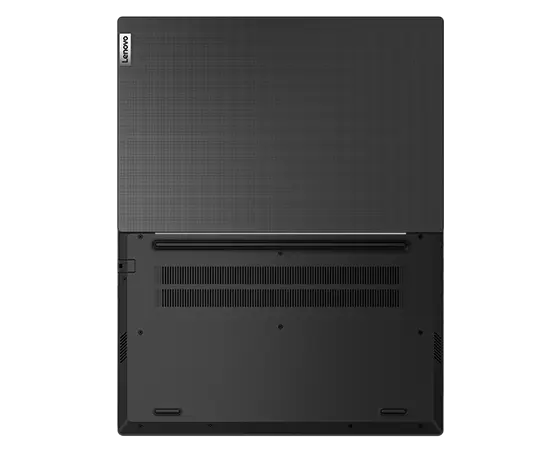 A Business Black Lenovo V14 Gen 4 (Intel) laptop open 180° to show the top cover and bottom side