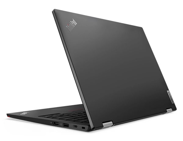 Lenovo ThinkPad L13 Yoga Gen 4, Ansicht von hinten mit Blick auf Rückseite und Oberseite der Displayabdeckung.