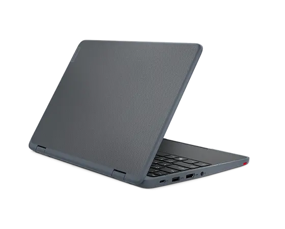Lenovo 300w Yoga Gen 4 (11” Intel) 2-in-1 laptop – left rear view in laptop mode, with lid partially open