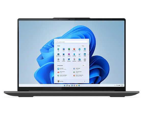 Yoga Pro 7 Gen 8 Notebook, Ansicht von vorne mit eingeschaltetem Display