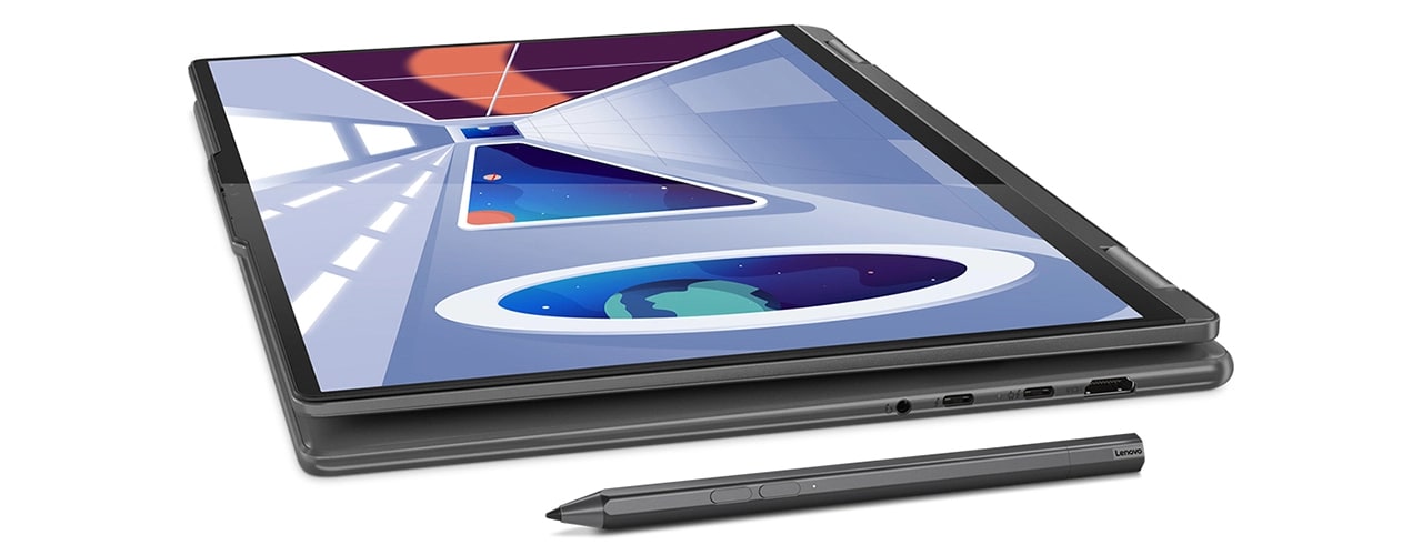 Yoga 7i Gen 8 laptop in tablet mode with display on and pen
