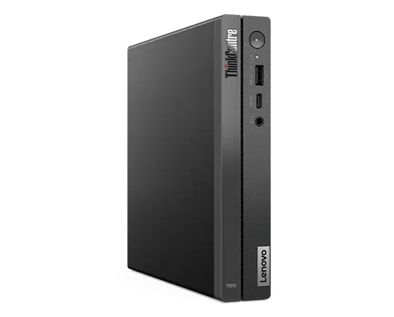 Side-facing Lenovo ThinkCentre Neo 50q Gen 4 (Intel) Thin Client, stood vertically, showing front & left-side panels